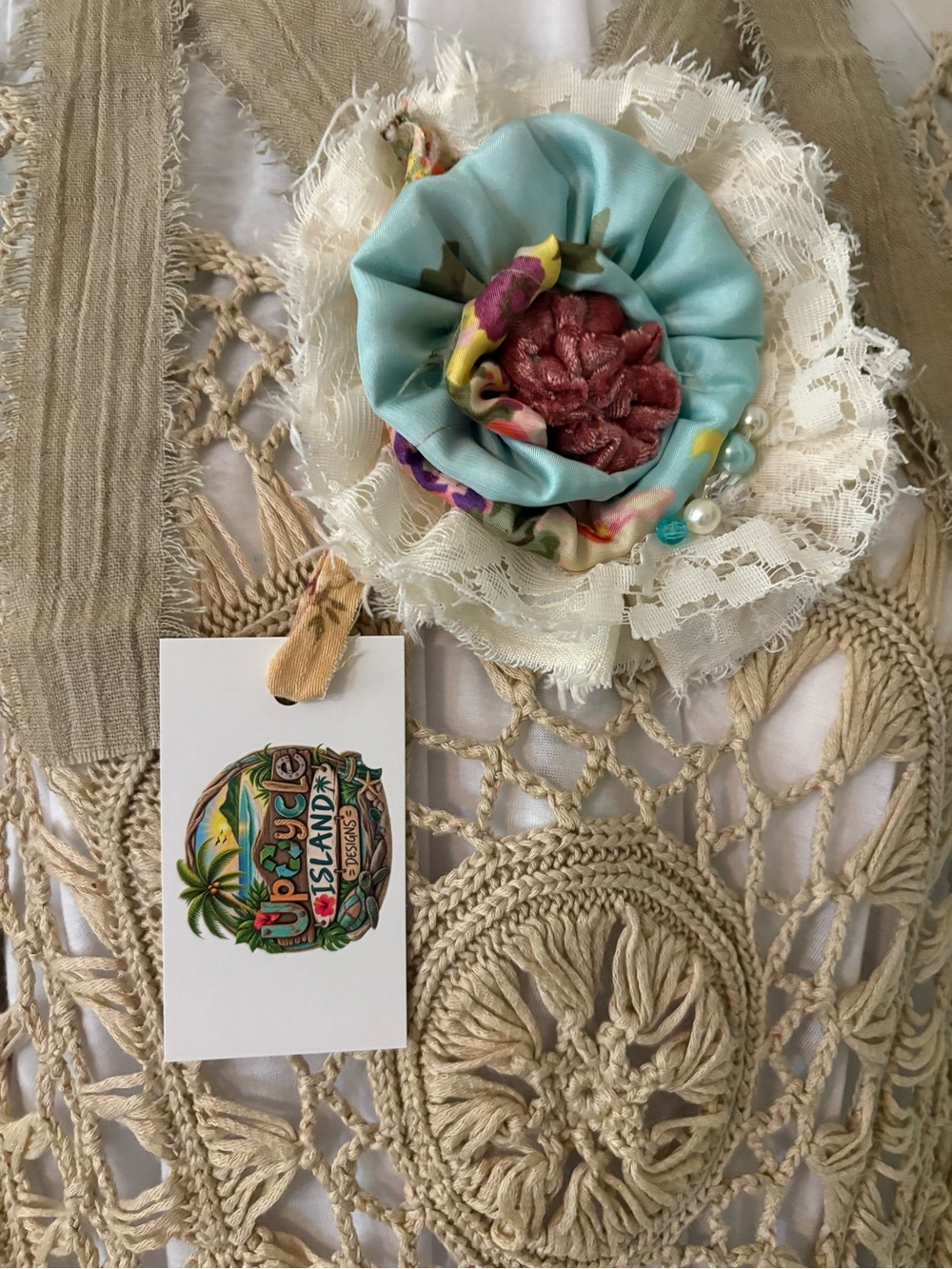 Handmade Blue and Cream Fabric Flower Jabot Brooch Choker Necklace